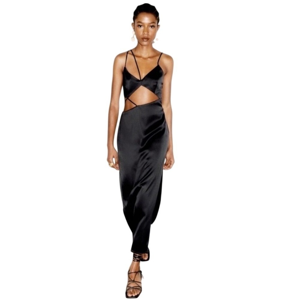 Zara Black Satin Effect Asymmetric Cut-Out Midi Dress.